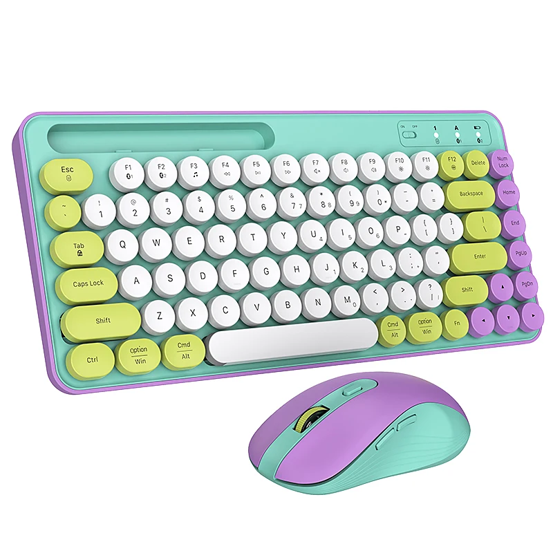 Wireless Keyboard And Mouse Combo Retro Round Keycap Typewriter Cute Colorful Keyboard With Phone Tablet Holder For Laptop