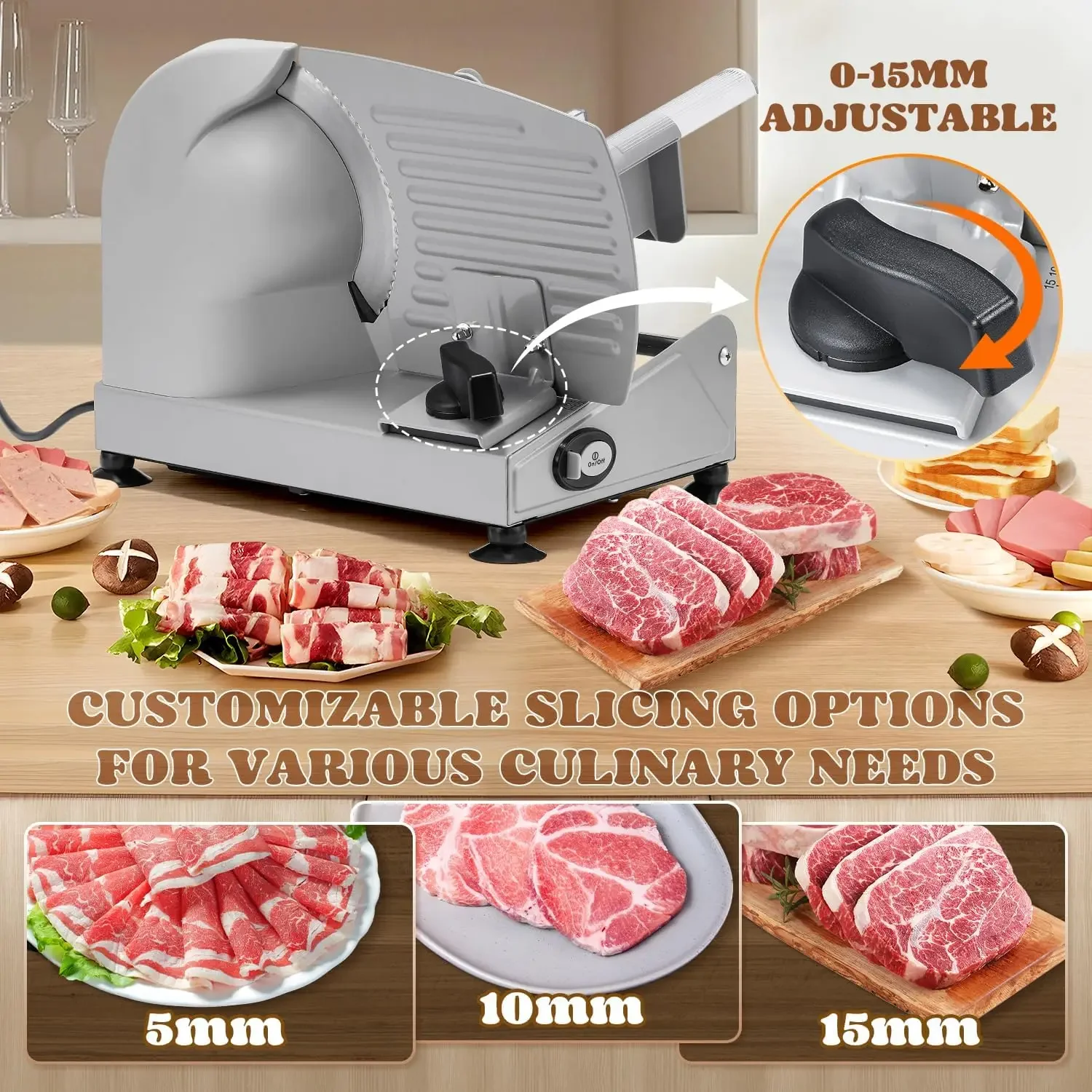 

Meat Slicer 200W For Home Use, 0-15MM Thickness Adjustable Electric Deli Food With 2 Removable 7.5’’ Stainless Steel Blades
