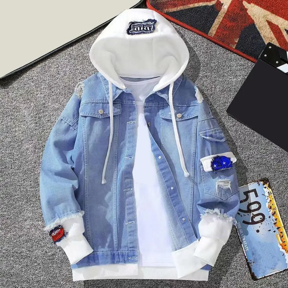 

Men Coat Hooded Denim Jacket Men's Hooded Spring Coat with Color Matching Single-breasted Design Ripped Patch Pocket for Men