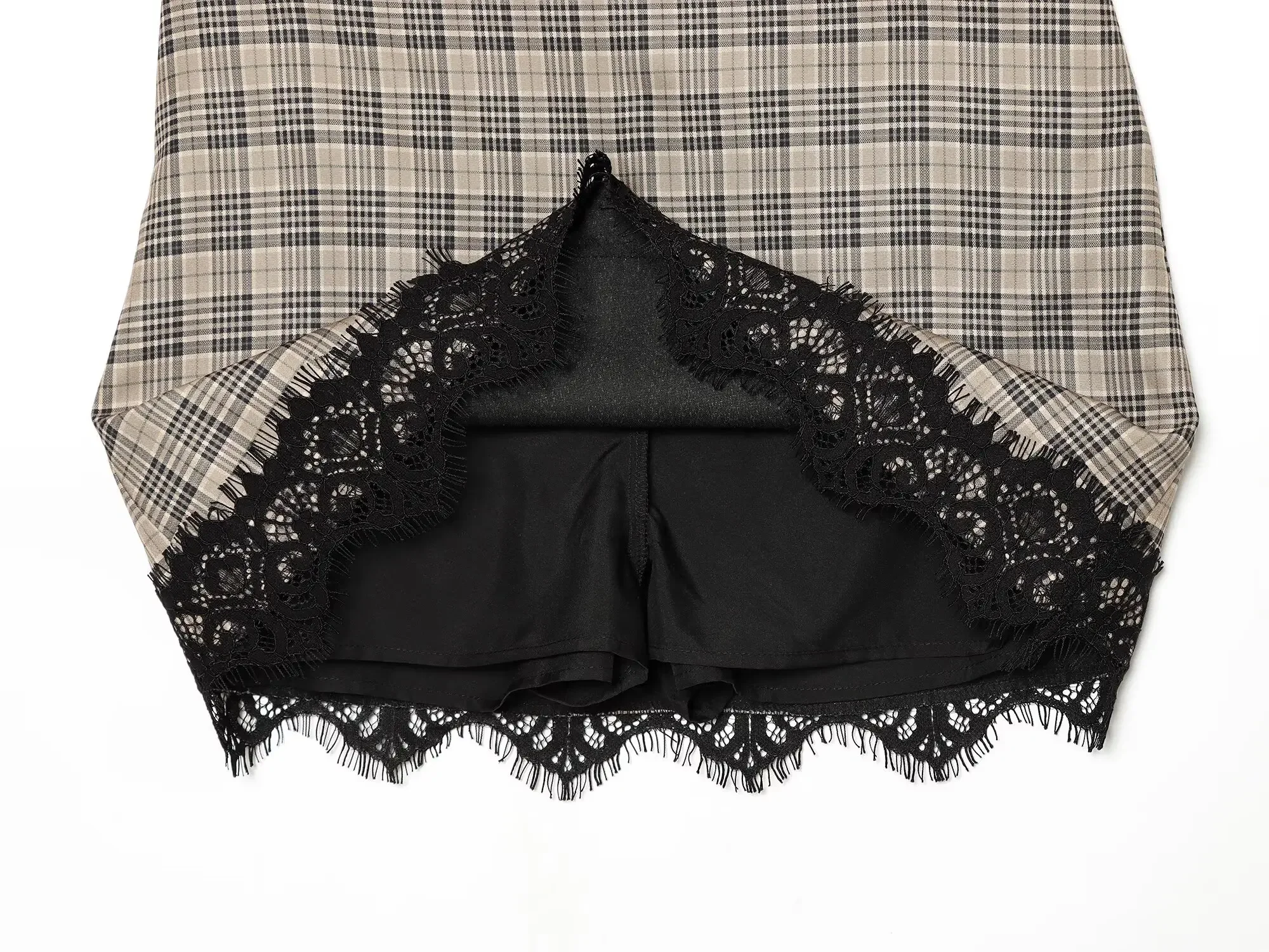 KONDALA Damen Elegante Karo-Mini-Culottes Vintage High-Street-Shorts-Röcke 2026 Frühherbst Trendiger Freizeitrock mit Spitzenbesatz – Detail 9