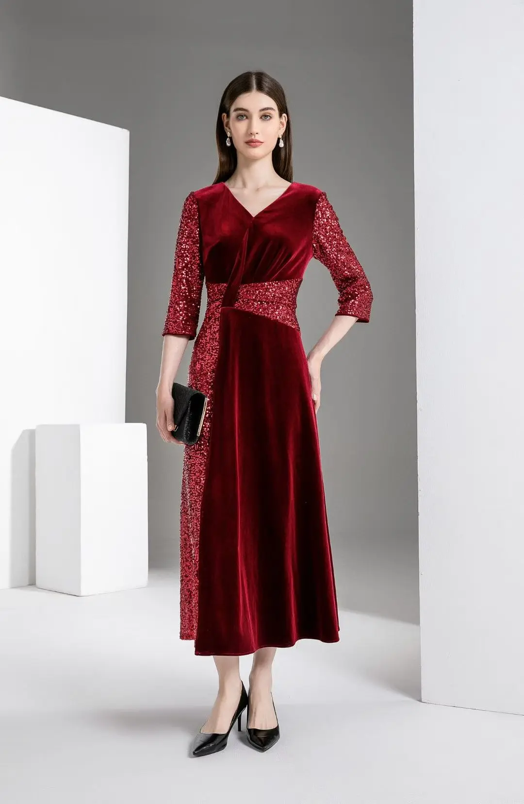 

Formal Party Long Dress 2025 Winter Fashion Women Sexy V-Neck Sequined Patchwork 3/4 Sleeve Elegant Evening Long Red Dress 3XL