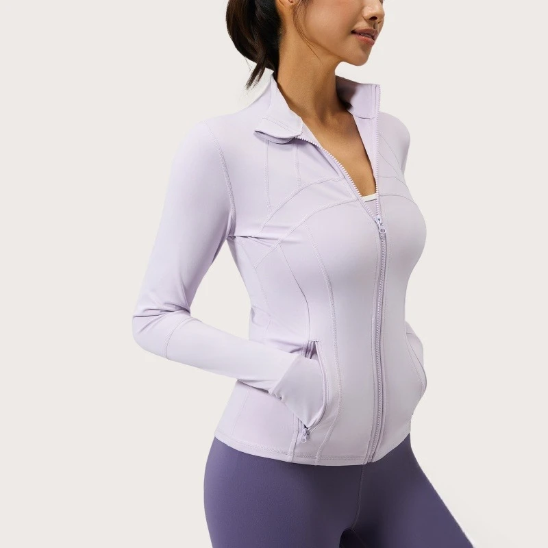 Top da yoga da donna con cerniera intera da palestra con fori per i pollici Giacca da corsa fitness Vestibilità elasticizzata Manica lunga Girocollo Top Abbigliamento sportivo
