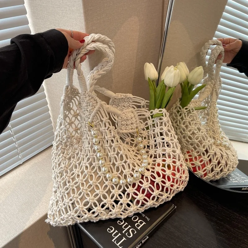 

Summer Woven Bag for Women Handbags Handmade Knitted Beach Shoulder Handbag Large Pearl Tote Bag Hollow Out Shopping Bag 2026
