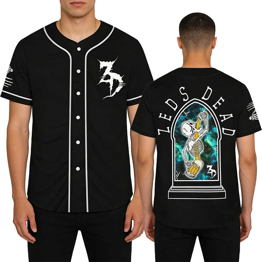 

Zeds Dead Black Baseball Jersey V-Neck Short Sleeve Button-Down Shirts Women Men Outdoor Streetwear Tops