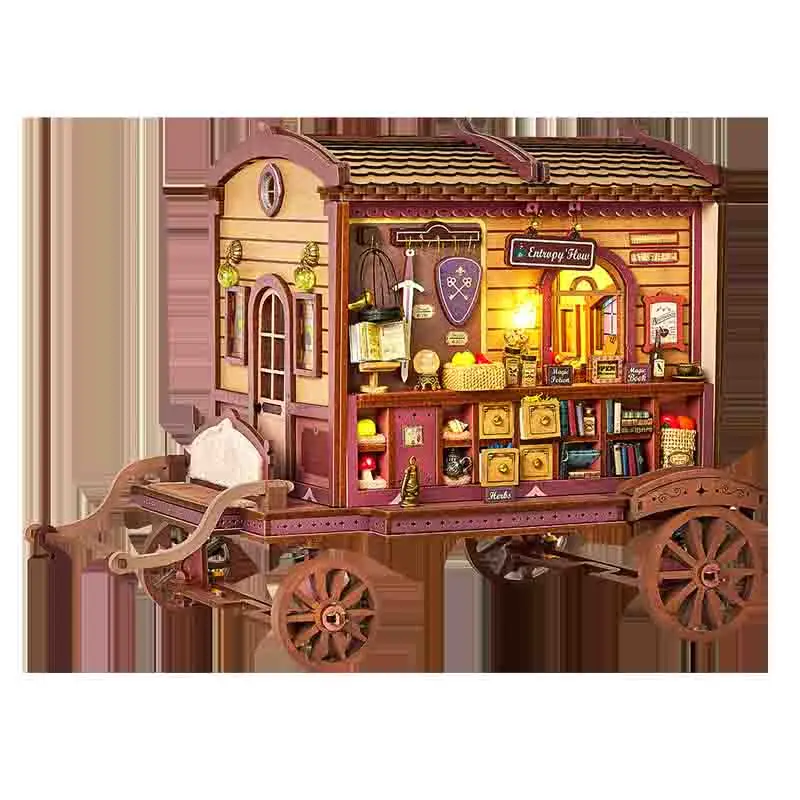 DIY Houten Magische Koets Cabine Casa Beeldjes Miniaturen Gemonteerd Huizen voor Vrienden Verjaardagscadeaus Home Decor Ambachten