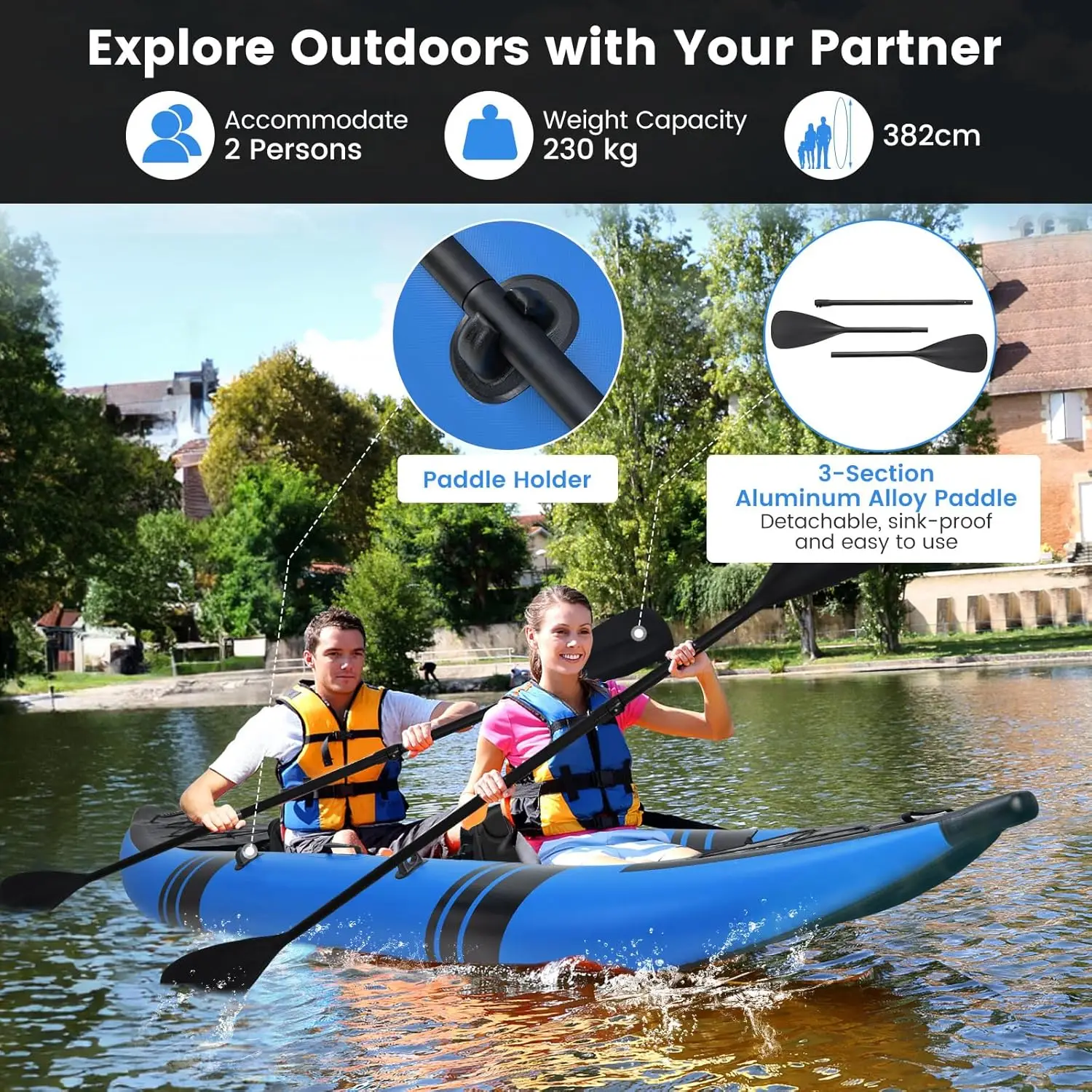 12.5Ft 507lbs Tandem Kayak with 2 Aluminum Paddles 2 Padded Seats Footrests 2 Fins Hand Pump Carry Bag & Repair Kit