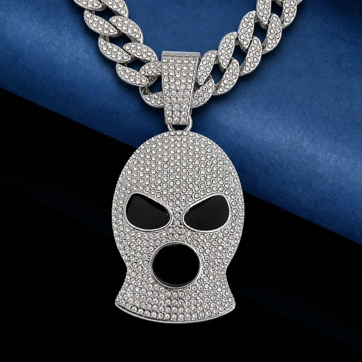 Iced Out Ski Mask Pendant Necklace Pave CZ Black Enamel Hollow Mask Hip‑Hop Bling Rapper Men Party Costume Jewelry