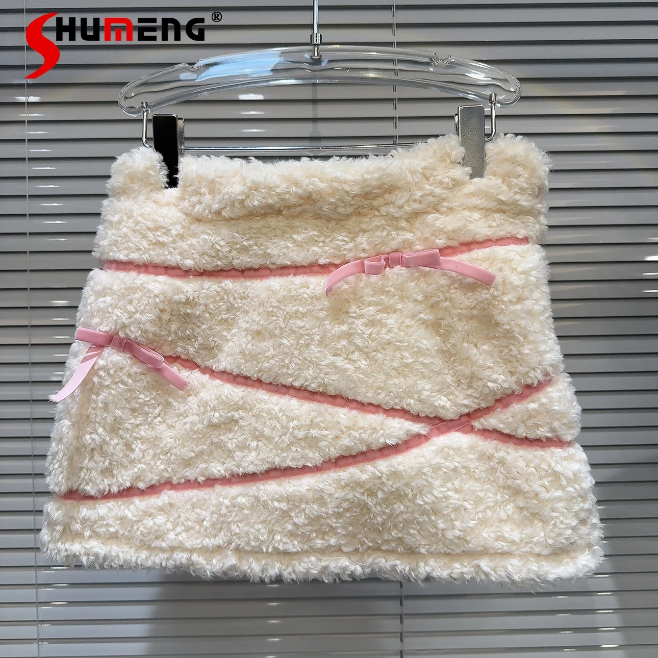 Fashion 2023 Women’s Clothes Winter New Bow Bandage Polar Fleece Fabric Short Skirts Sweet Cute Feminine Slimming Hip Skirt