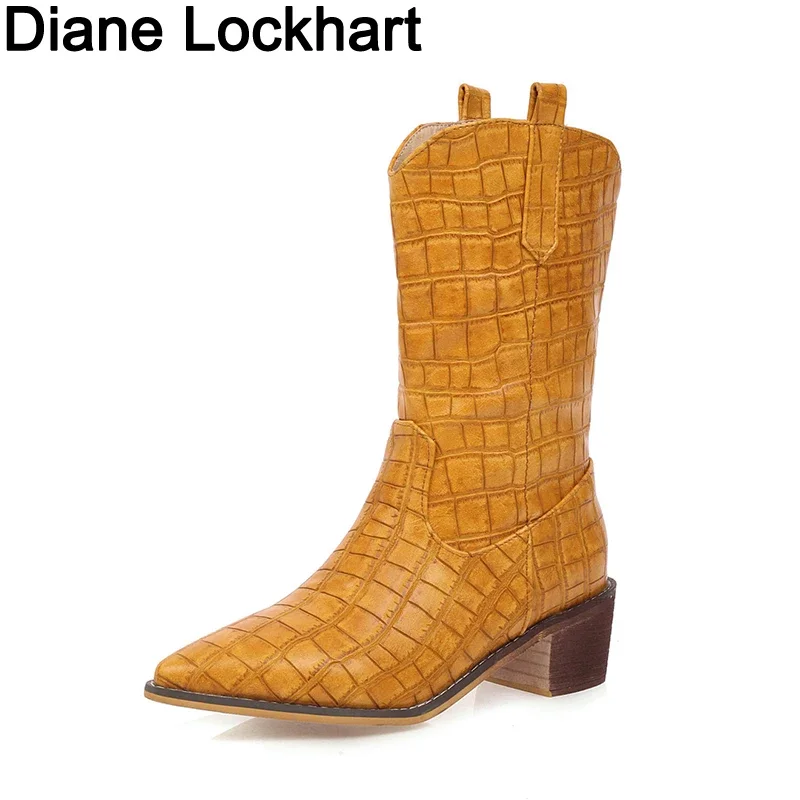 

Fashion Embossed microfiber Leather Women Mid-calf Boots Toe Western Cowboy Boot High Heels Motorcycle chaussures femme size 39