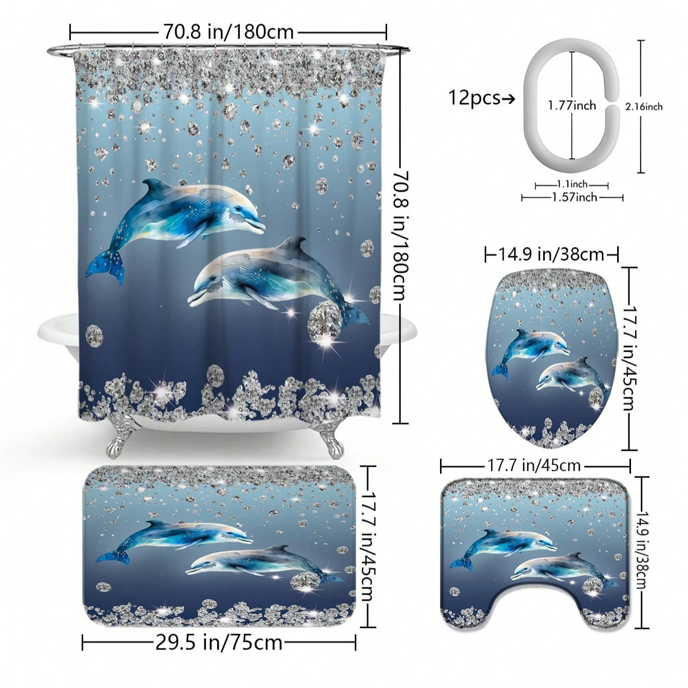 4pcs Dolphin & Diamond Design Bathroom Decorative Waterproof Shower Curtain Set With 12 Hooks,  Comprehensive Bathroom Set