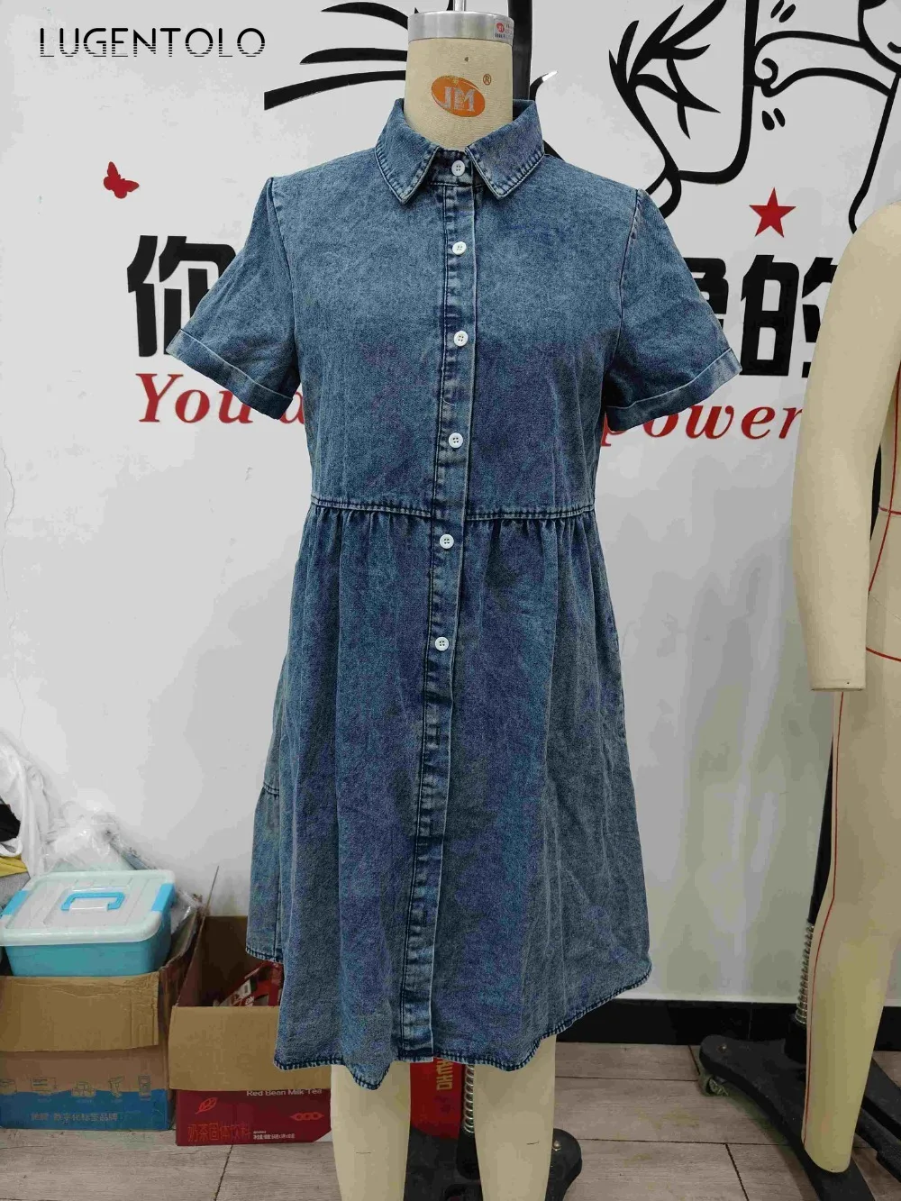 Dżinsowa sukienka damska z krótkim rękawem Casual Street Jednorzędowa sukienka damska z klapami Sweet Big Swing Empire Midskirt