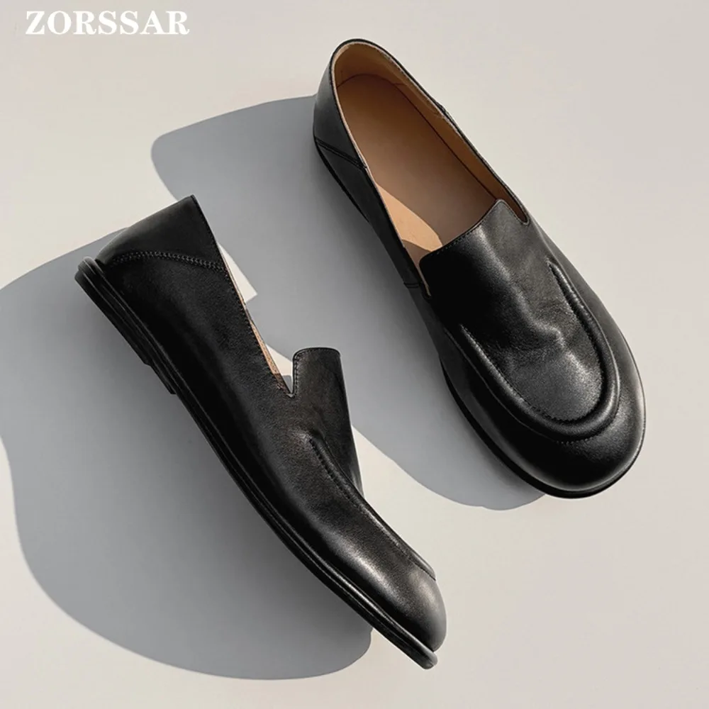 الجلد المدبوغ المتسكعون النساء 2026 ربيع جديد جولة تو قدم واحدة الانزلاق على جلد طبيعي قارب أحذية النساء لينة حذاء مسطح النساء #2