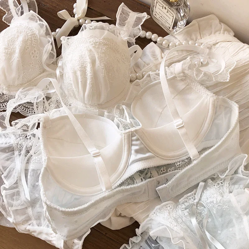 Set reggiseno in rete di pizzo ricamato fata giapponese per ragazze senza ferretto raccoglie seni piccoli sulla parte superiore della biancheria intima da donna