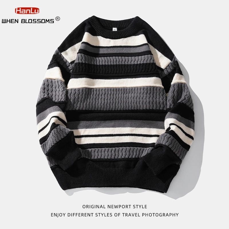 2023 Autumn Winter New Men/Women Knitted Sweater Casual Couple Striped Sweater Thick Warm Knit Loose Black Wool Pullovers Coats