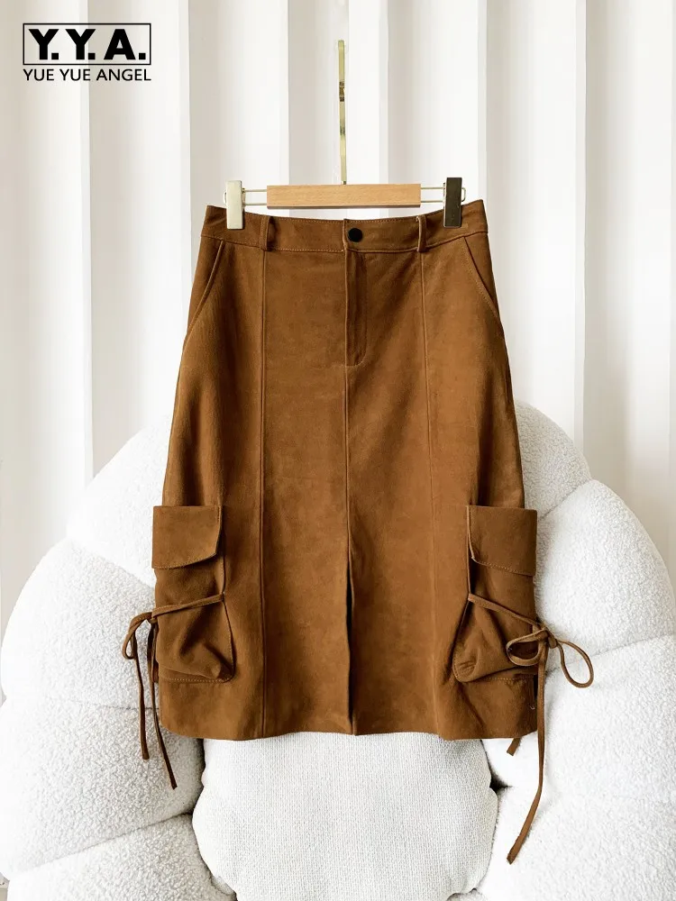 Women Fashion Genuine Leather Skirt High Waist Medium Long Split A Line Skirt Female Autumn New Suede Sheepskin Cargo Skirts