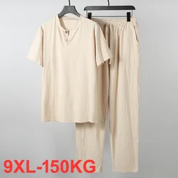 Roupas masculinas tamanho grande casa marido 2021 novo verão terno de linho camiseta moda masculina conjunto estilo chinês 8xl 9xl mais duas peças