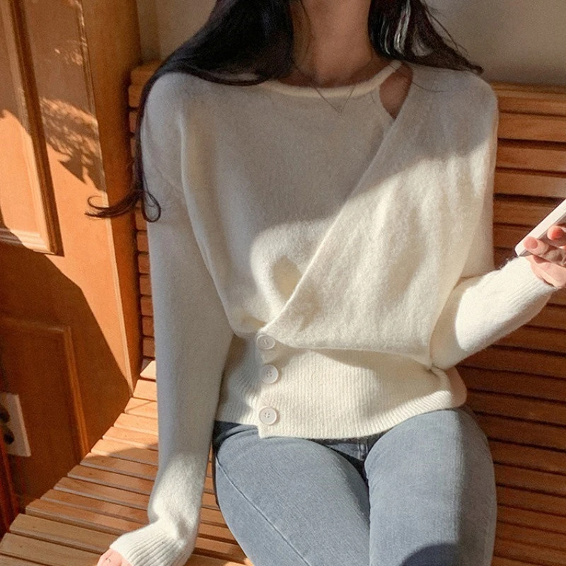 

Gentle Waist Cinching Knitted Sweater New Women's Hanging Neck Off Shoulder Fake Two-piece Solid Color Pullover Design