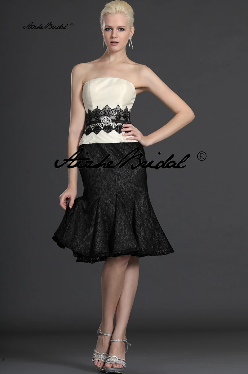 فستان حفلات الزفاف فستان قصير لأم العريس بألوان متباينة عاجية وأسود بدون حمالات فستان أم العروس مع سترة #2