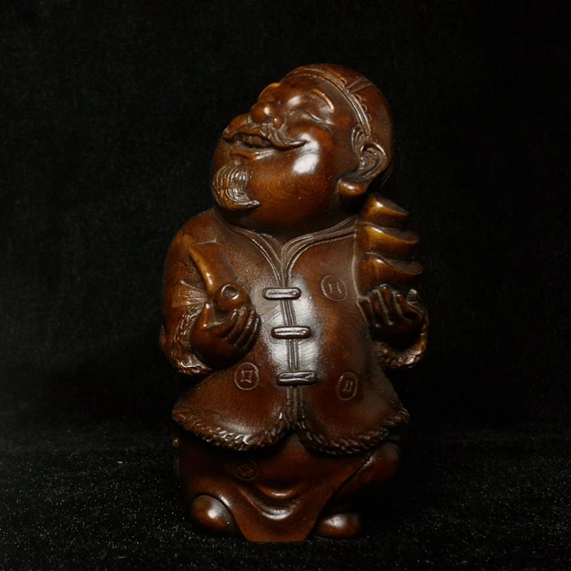1919 Antique art 3.5 Old Chinese Japanese boxwood hand carved moneybags rich man god of wealth statue netsuke table decoration