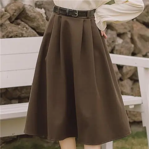 

2023 Autumn Winter Women's New Solid Color Loose Skirts Female Long Casual Skirts with Belt Ladies High Waist A-line Skirts Q618