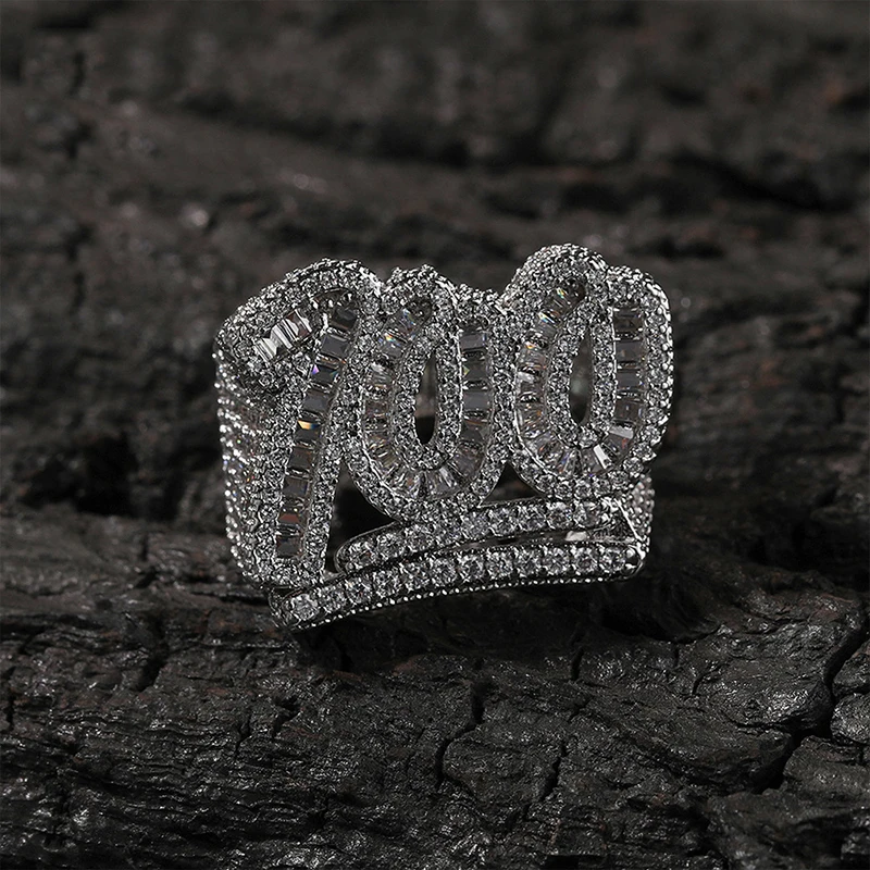 Hip Hop 5A+ Cubic Zirconia Bling Iced Out 100 Points Finger Rings for Men Rapper Jewelry Gold Silver Color