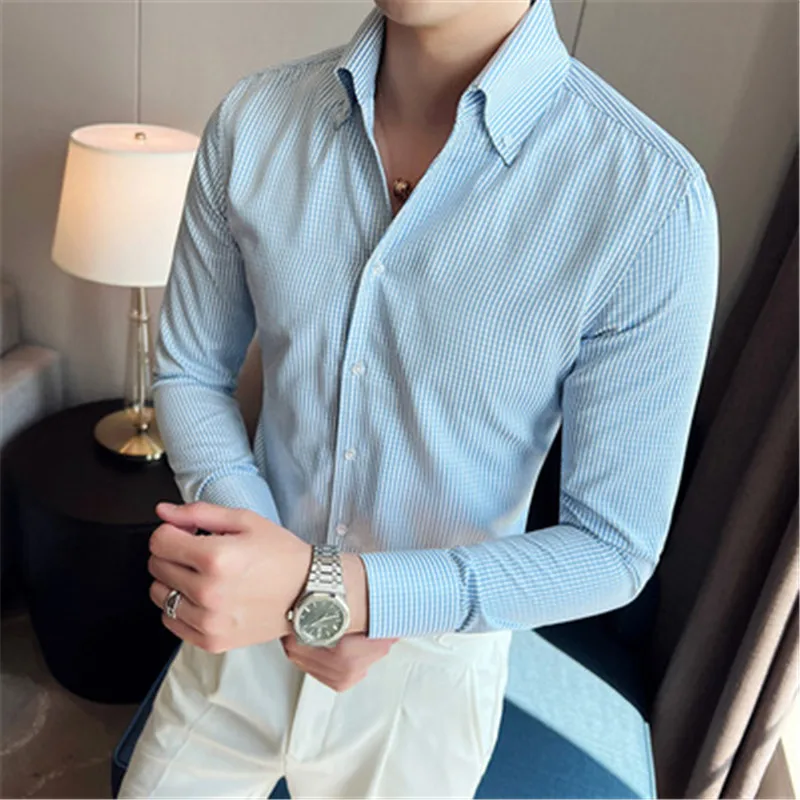 Camisas masculinas clássicas de vestido de noiva xadrez, gola V, blusas de manga comprida, roupa casual masculina, social, elegante, nova, 2024