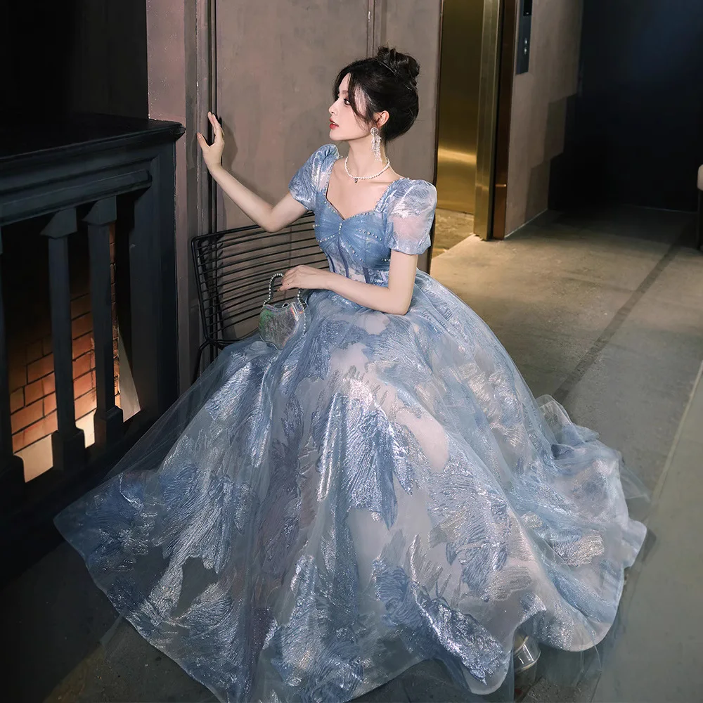 

N1177 Fashion Girls Women Blue Prom Dress Princess Clothes Sweet Memory Short Sleeve Floor Length Wedding Gown Party Dresses