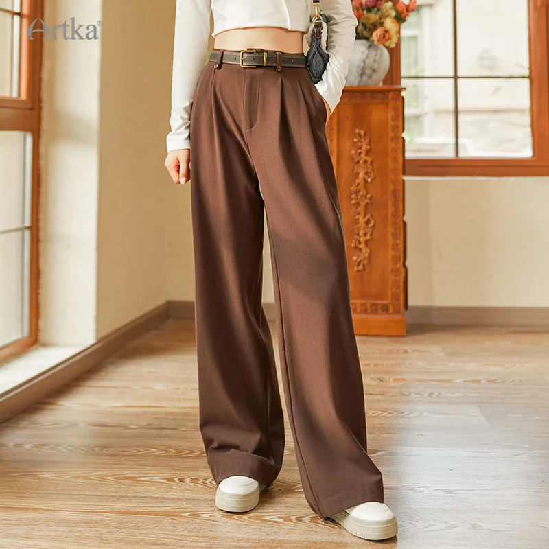 ARTKA 2023 Winter New Women Pants Fashion Casual High Waist Drapping Straight Trousers Long Loose Pants With Belt KA92133D