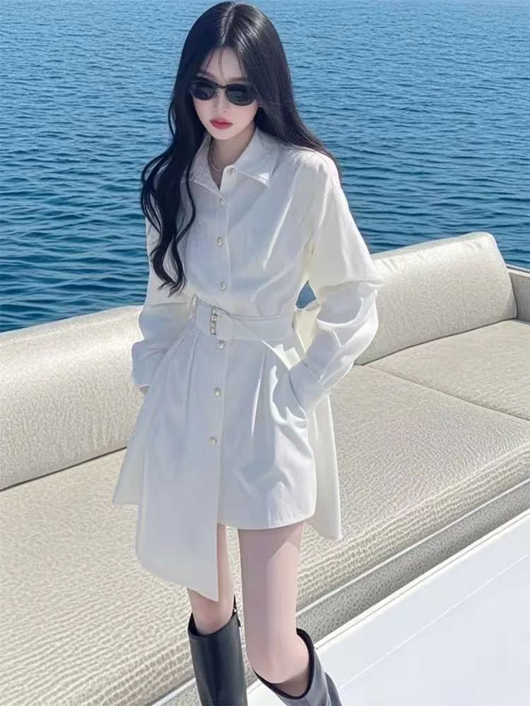 新しいハイエンドファッション不規則なシャツドレス女性ラペル長袖シングルブレストエレガントなオフィスレディ白いドレスとベルト