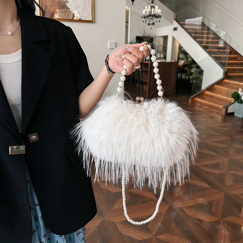 

2026HotSale RetroEuropeanandAmericanLarge CapacityPlush Women'sPearlChain Small SquareBagFairy Style SingleShoulderCrossbody Bag