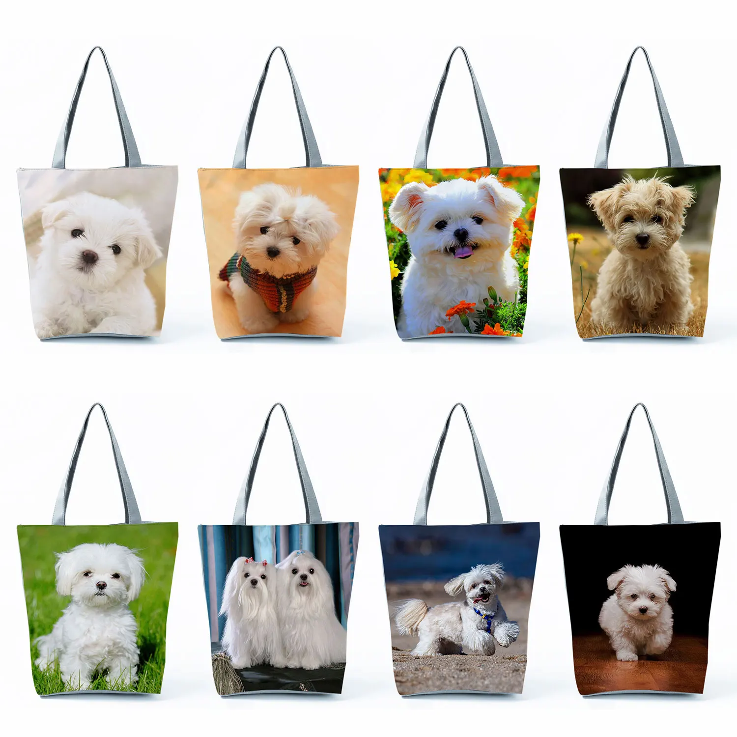 Cute Maltese Dogs Print Handbags Casual Women Shopping Bag Large Capacity Foldable Shoulder Bags Eco Reusable Travel Beach Totes