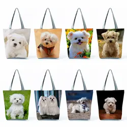 Bolsas estampadas para mulheres para cães malteses fofos, bolsa de compras casual de grande capacidade, dobrável, bolsas de ombro ecológicas, sacolas de viagem, praia reutilizáveis