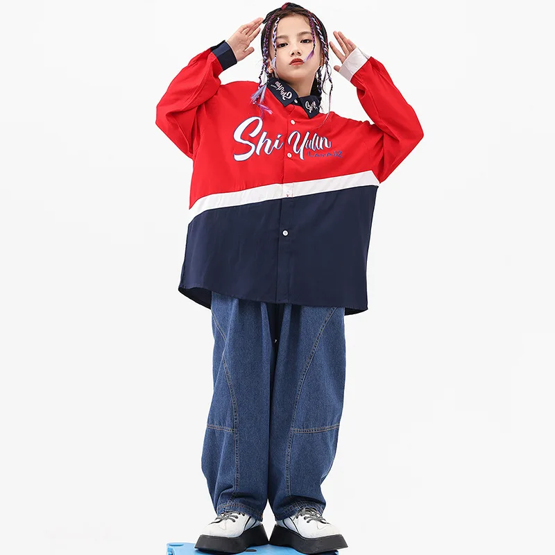 Hip-hop Outfits Girls Children Clothing Letter Print Patchwork Shirt Black Vest Dark Blue Jeans Jazz Dance Costumes Streetwear