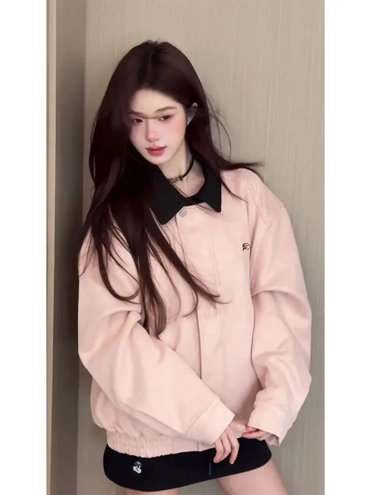 American Sle فضفاض غير رسمي من جلد الغزال Jaet المرأة ربيع الخريف ort البيسبول orm أعلى طوق الوردي ملابس خارجية