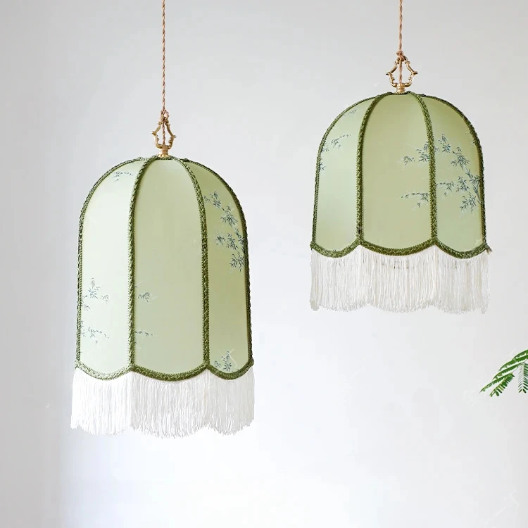 Chinese Classical Lantern Tassels Pendant Light Led Print Fabric Art Hanging Lamp Living Room