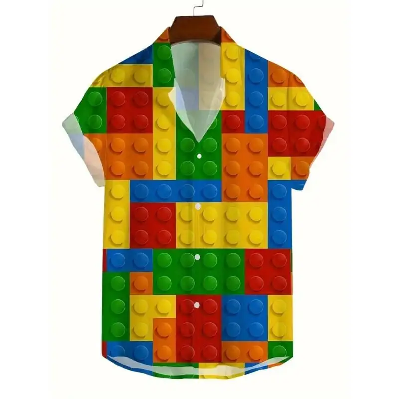 Unisex Beach Casual Duck Printed Button Down Shirt Hawaiian Style Men Cartoon Block 3D Printed Short Sleeve Top Holiday Clothing