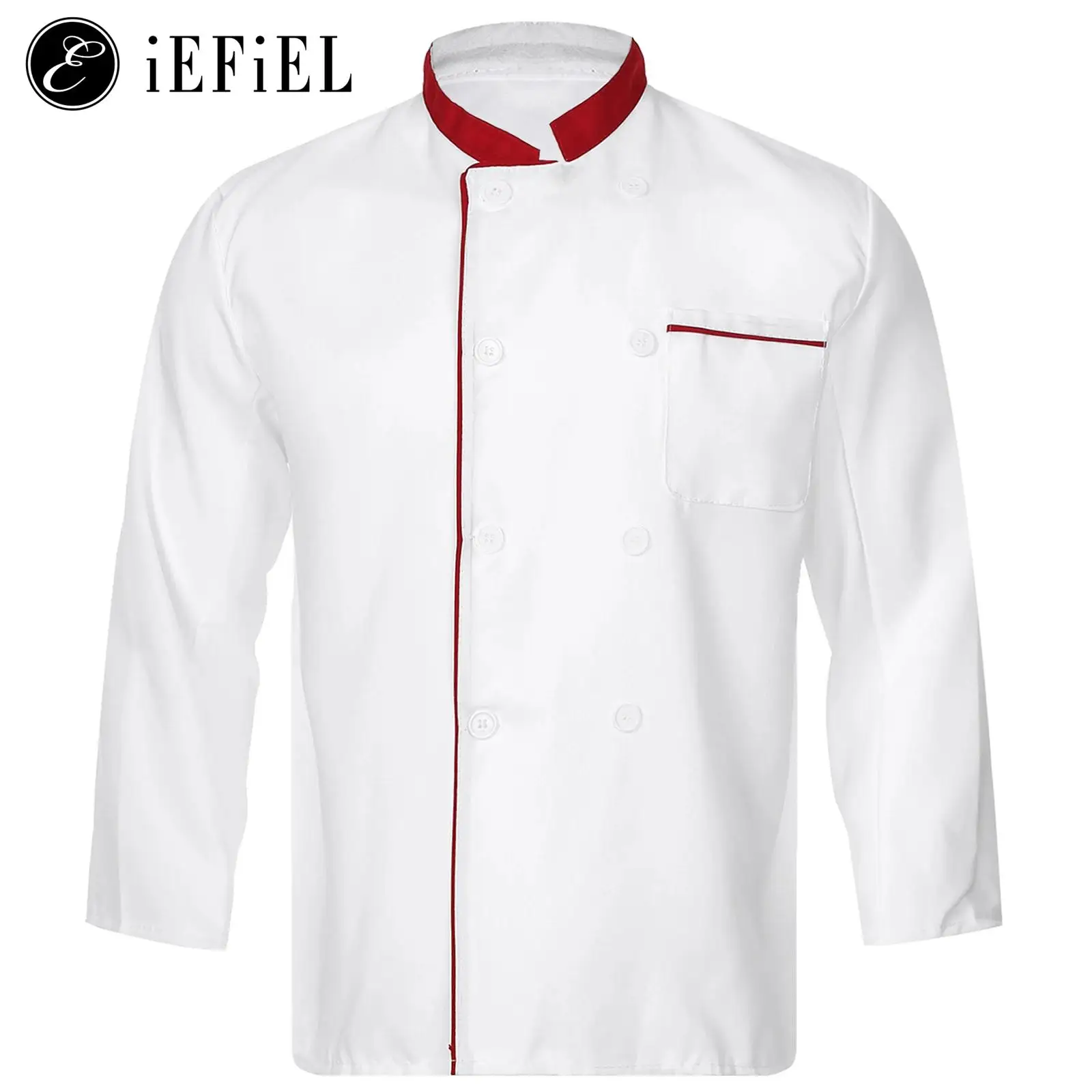 Koksjas voor volwassenen, lange mouwen, opstaande kraag, dubbele borst, koksjas, bakken, koken, uniform, catering, restaurant, werkjas