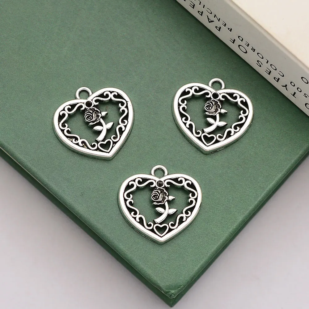 30pcs/lot--19x20mm Antique Silver Plated Valentine's Day Charms Rose Heart Pendant For Jewelry Making Diy Necklace Earring Craft