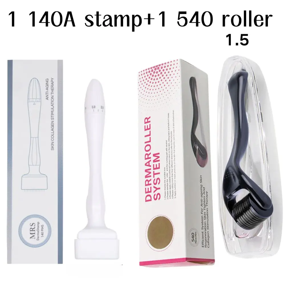 1pc 140 pins Derma Stamp Adjustable And 1pc 540 Derma Roller Set Skin Care Tools Face Hair Beard Growth for Men and Women Use