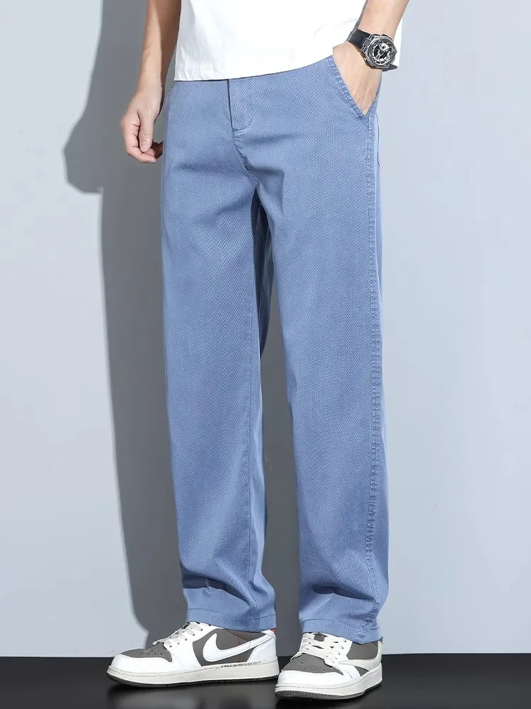 

Мужские летние тонкие прямые джинсы, повседневные свободные драпированные широкие брюки, прямой крой, синие уличные джинсы, удобная посадка