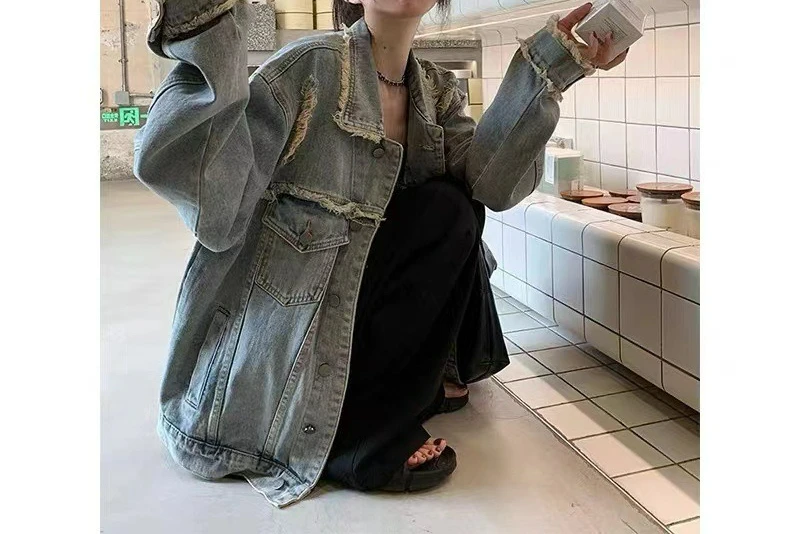 Retro Rough Edge Old Ripped Denim Jacket Women's Spring and Autumn Loose Casual Versatile Tooling Jacket Top