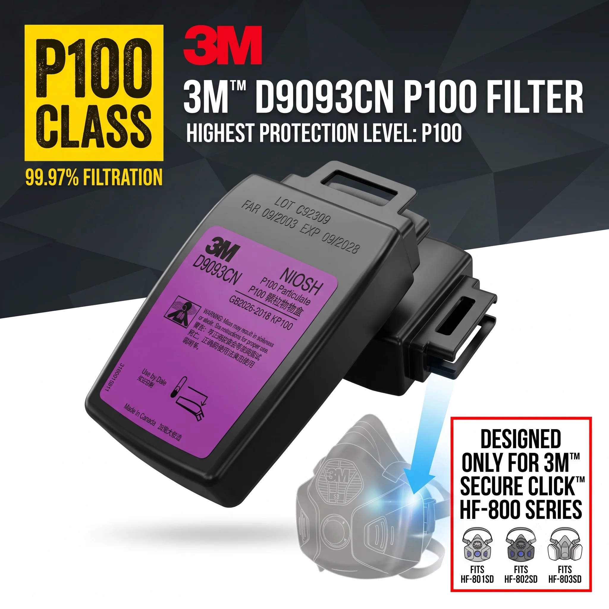 3M D9093CN P100 Particulate Anti Dust Filter Box Hard Case Cartridge for HF-800 Series Gas Mask Welding Grinding Fume