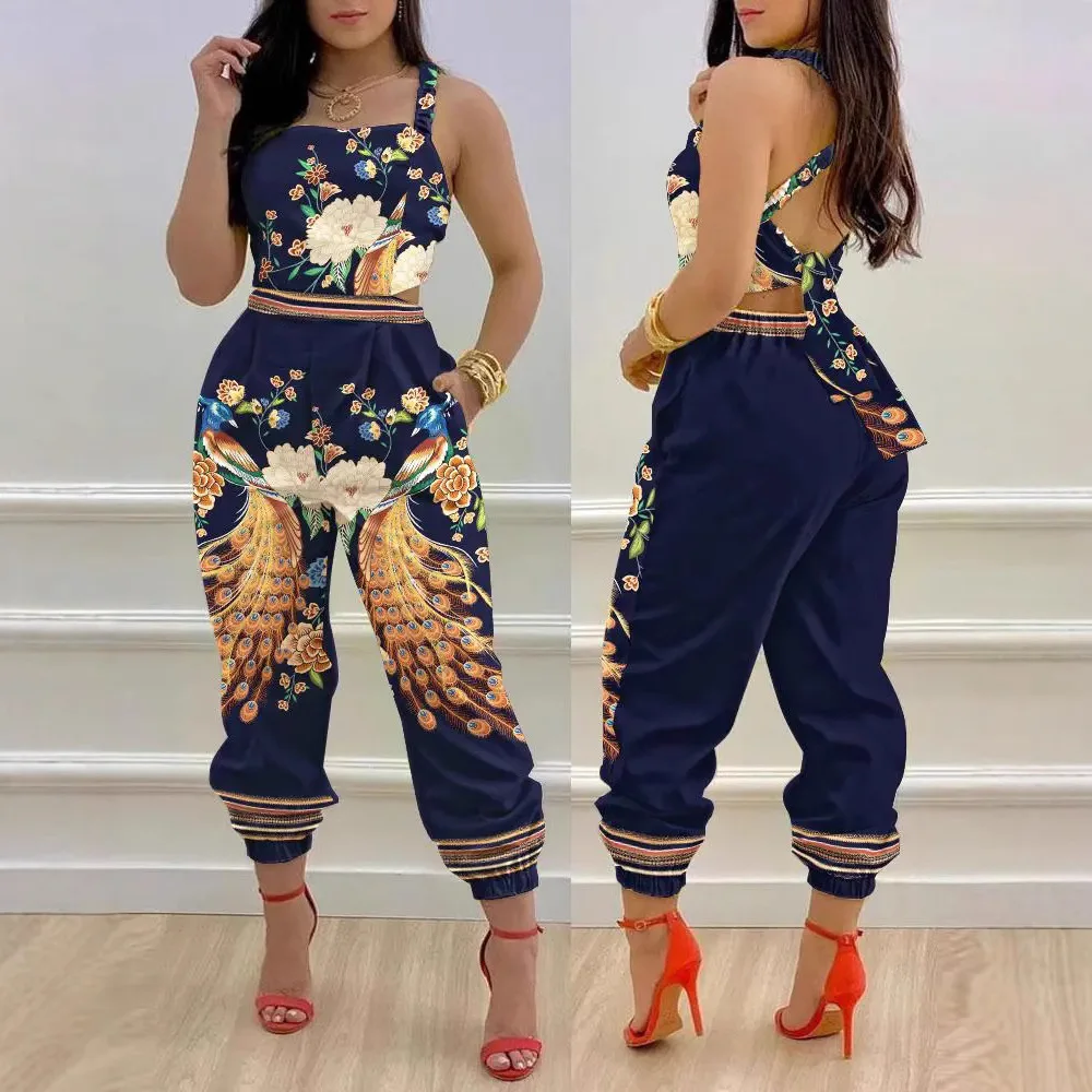 Elegante sem mangas macacões calças femininas nova alça de impressão sexy alça de ombro macacão mono mujer macaco feminino