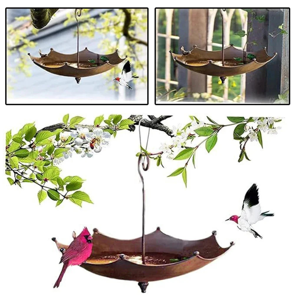 

Umbrella Bird Feeder Hanging Water Tray Bird Bath Bird Food Bowl Iron Garden Decoration For Outdoor Lawn Yard Courtyard Porch