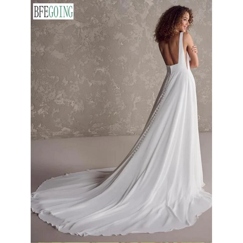 Crepe Chiffon Sleeveless A-Line Wedding Dresses Chapel Train Bridal Gowns Backless Layered Skirt