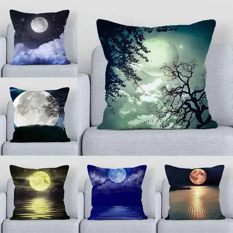 Night Scene Moon Pattern Decorative Cushion Cover Pillow Decorative Pillow Cover Moonlight Print Pillow Cover