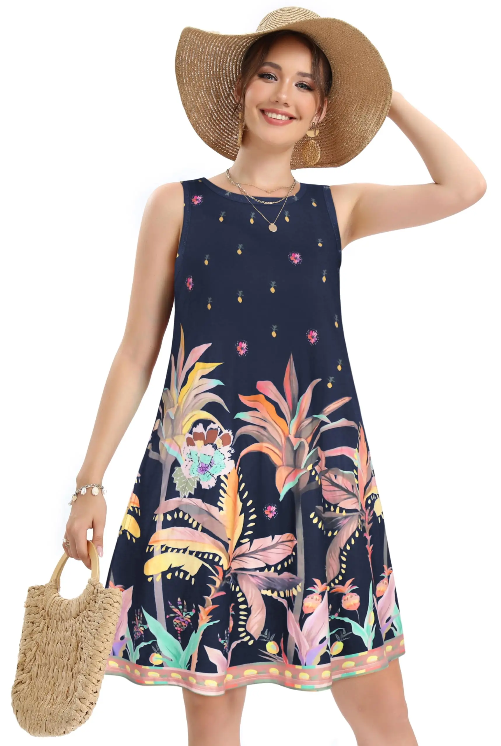 Ladies Fashion Colorful pineapple print ladies sleeveless vest with loose skirt with pockets. Elegant evening gown for women