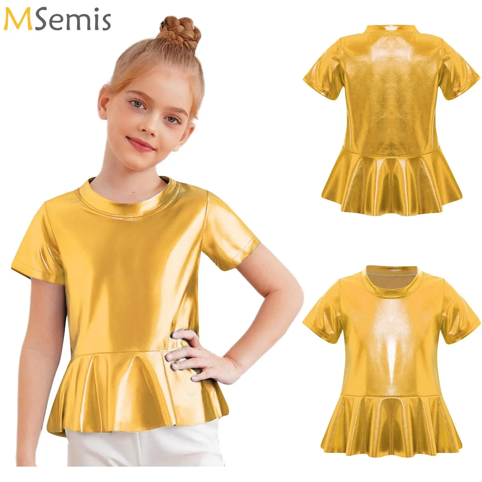 

Jazz Dancewear Kids Girls Metallic Tshirt Dance Crop Tops Short Sleeve Hip Hop Jazz Dance Party Costume Children's T-shirts