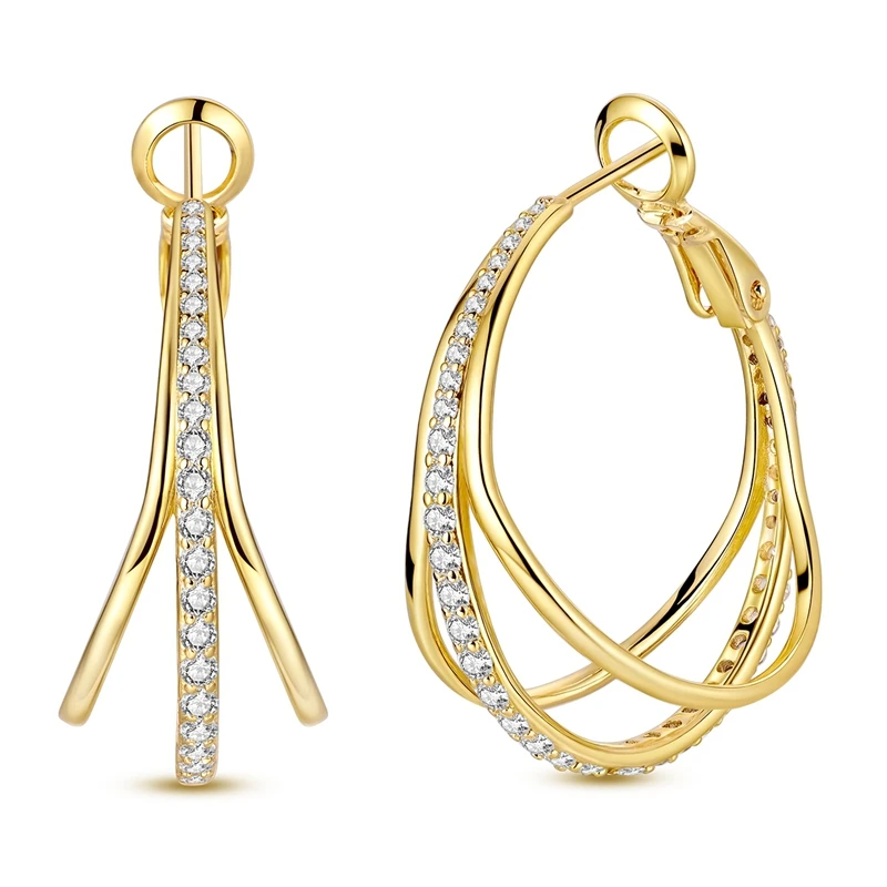 925 Sterling Silver Earrings Women Gold Sparkling Triple Hoop Earring For Anniversary Wedding Jewelry Gifts