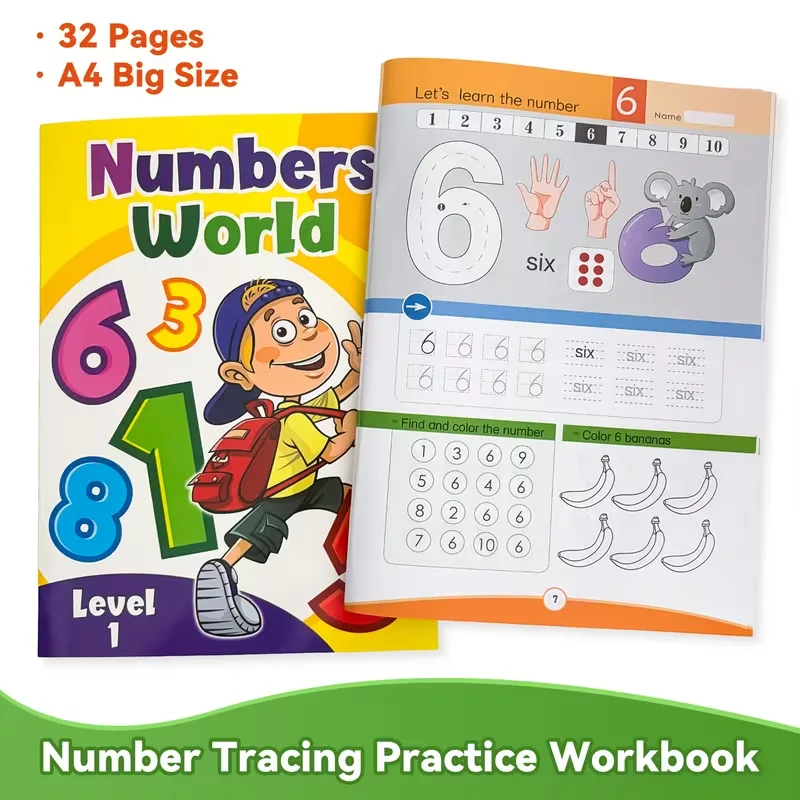 32-page number tracing workbook, counting and recognition coloring exercises, school supplies, home teaching resources